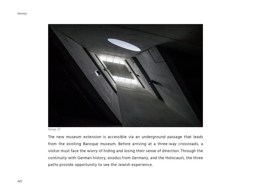 Journey — book page: a skylit gallery render, daylight falling through the roof.