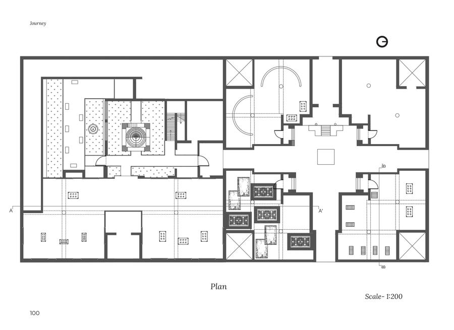 Journey — book page: the museum floor plan, drawn at 1:200.