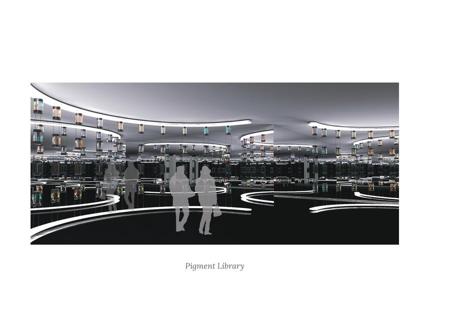 Journey — book page: a museum interior render with visitors moving through.