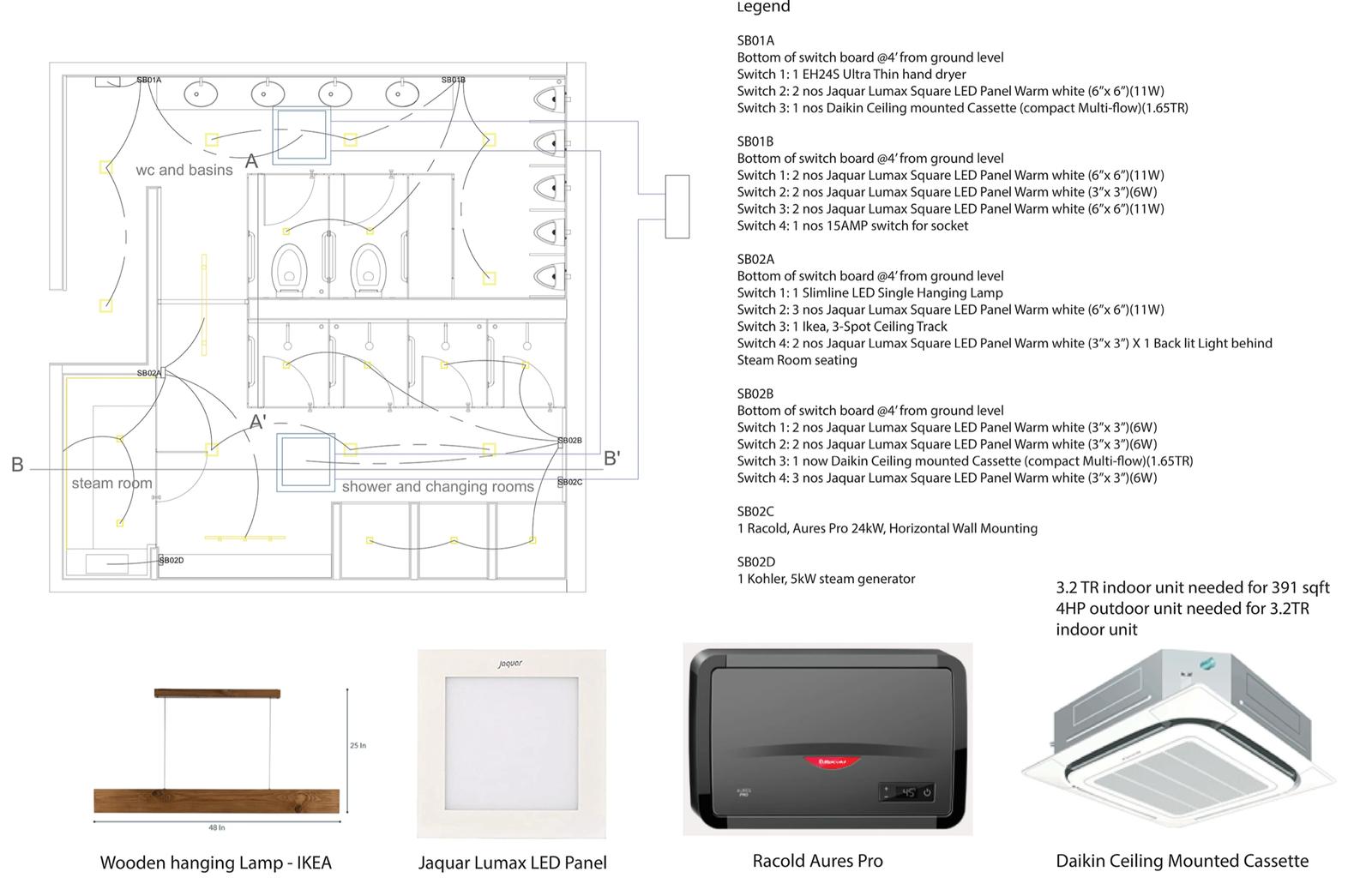 Male washroom — health club: electrical layout with circuit legend and fitting schedule