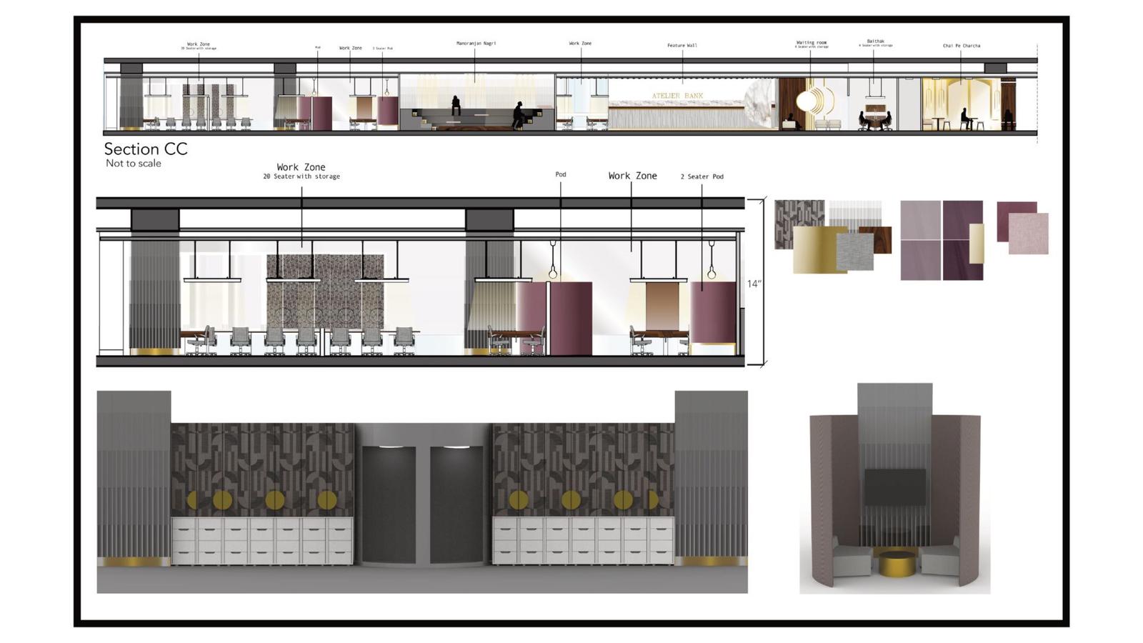 Atelier Bank — the Section CC board, drawing the storage wall and cabin in section.