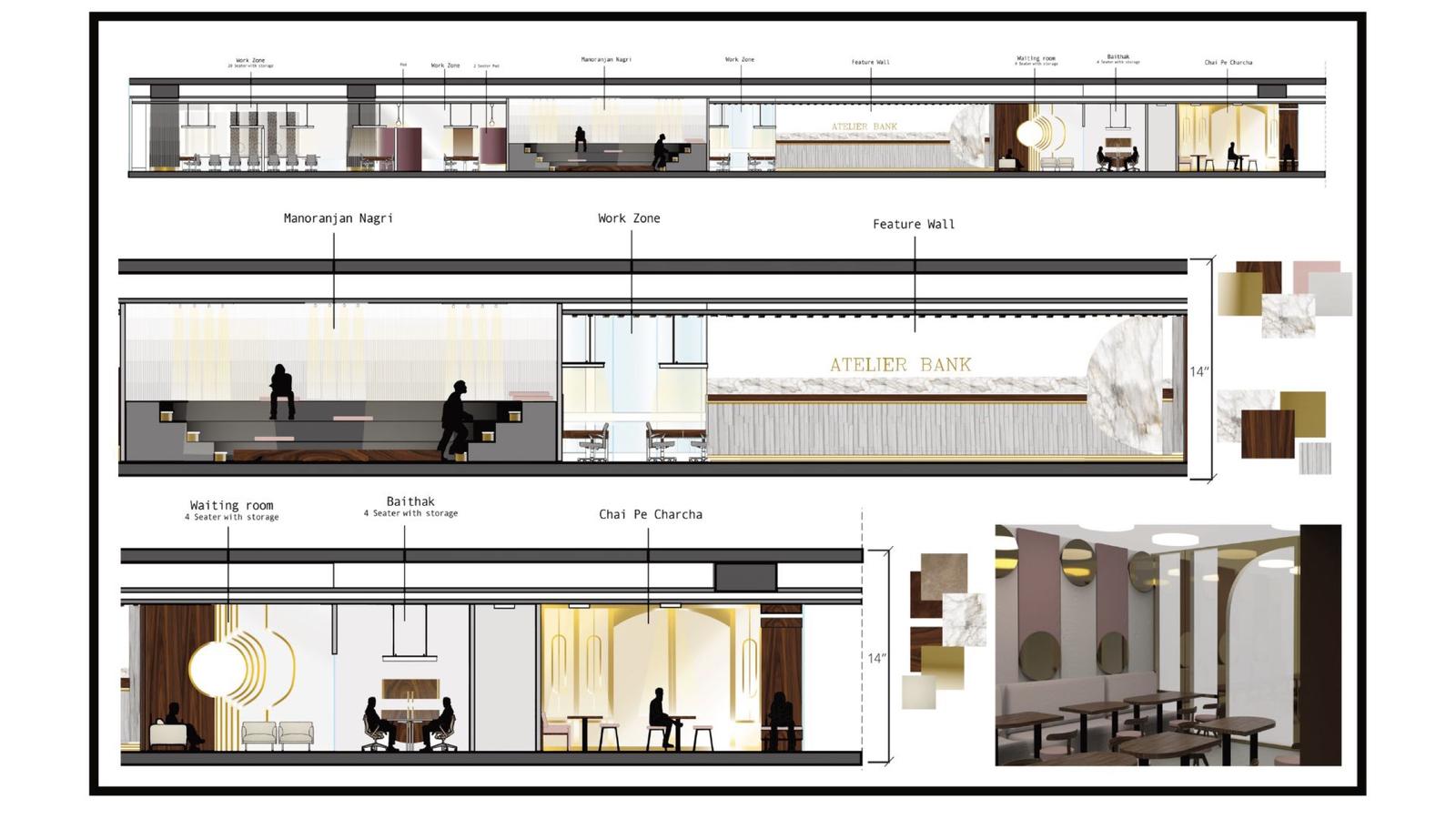 Atelier Bank — the Sections and Sketches board, with sections AA and BB through the office.