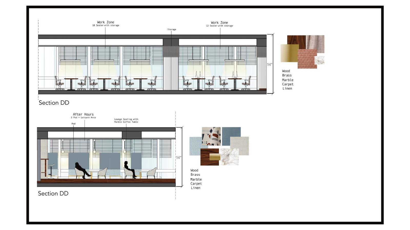 Atelier Bank — the Section DD board: two sectional views beside a material palette.