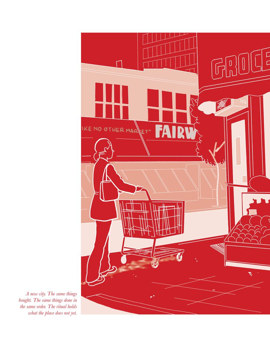 For Every Gesture Made in Private — thesis page: a red illustration of a shopfront.