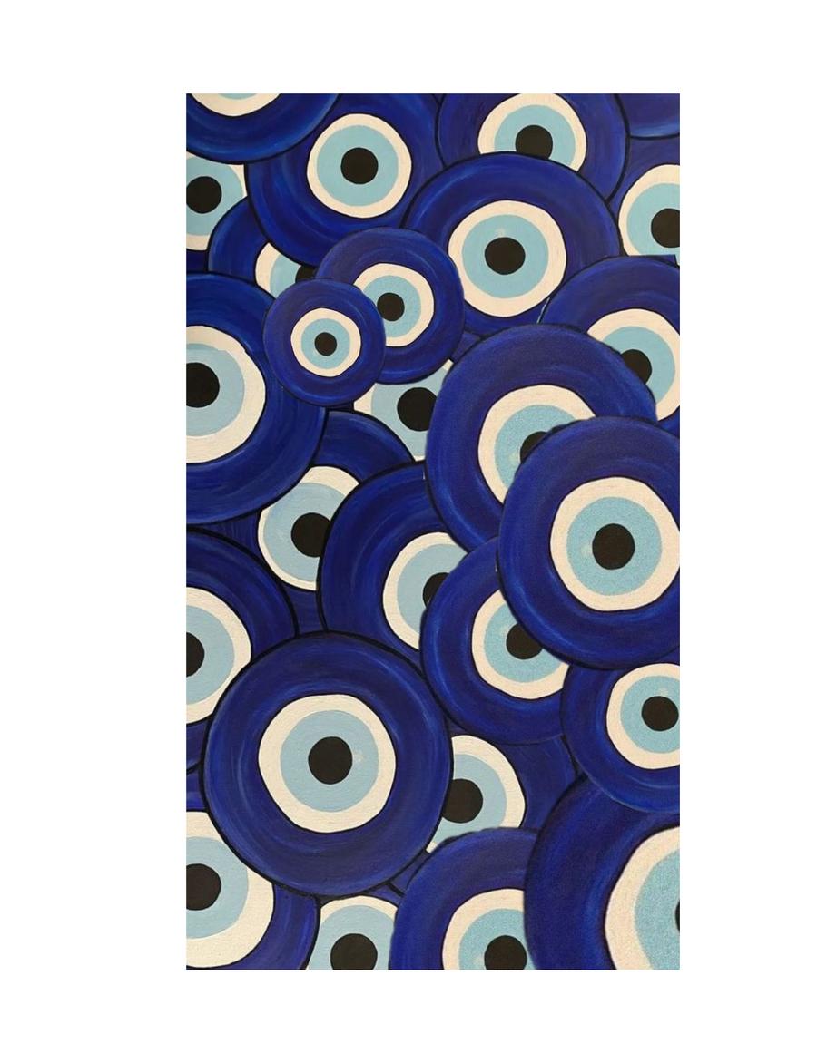 For Every Gesture Made in Private — thesis page: a pattern of nazar (evil-eye) charms on deep blue.