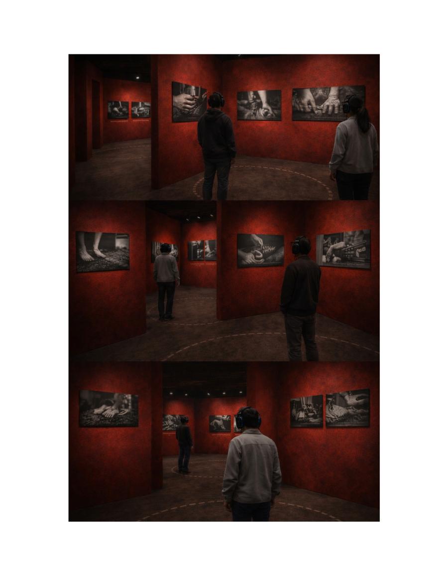 For Every Gesture Made in Private — thesis page: a dark installation with red-lit framed works.