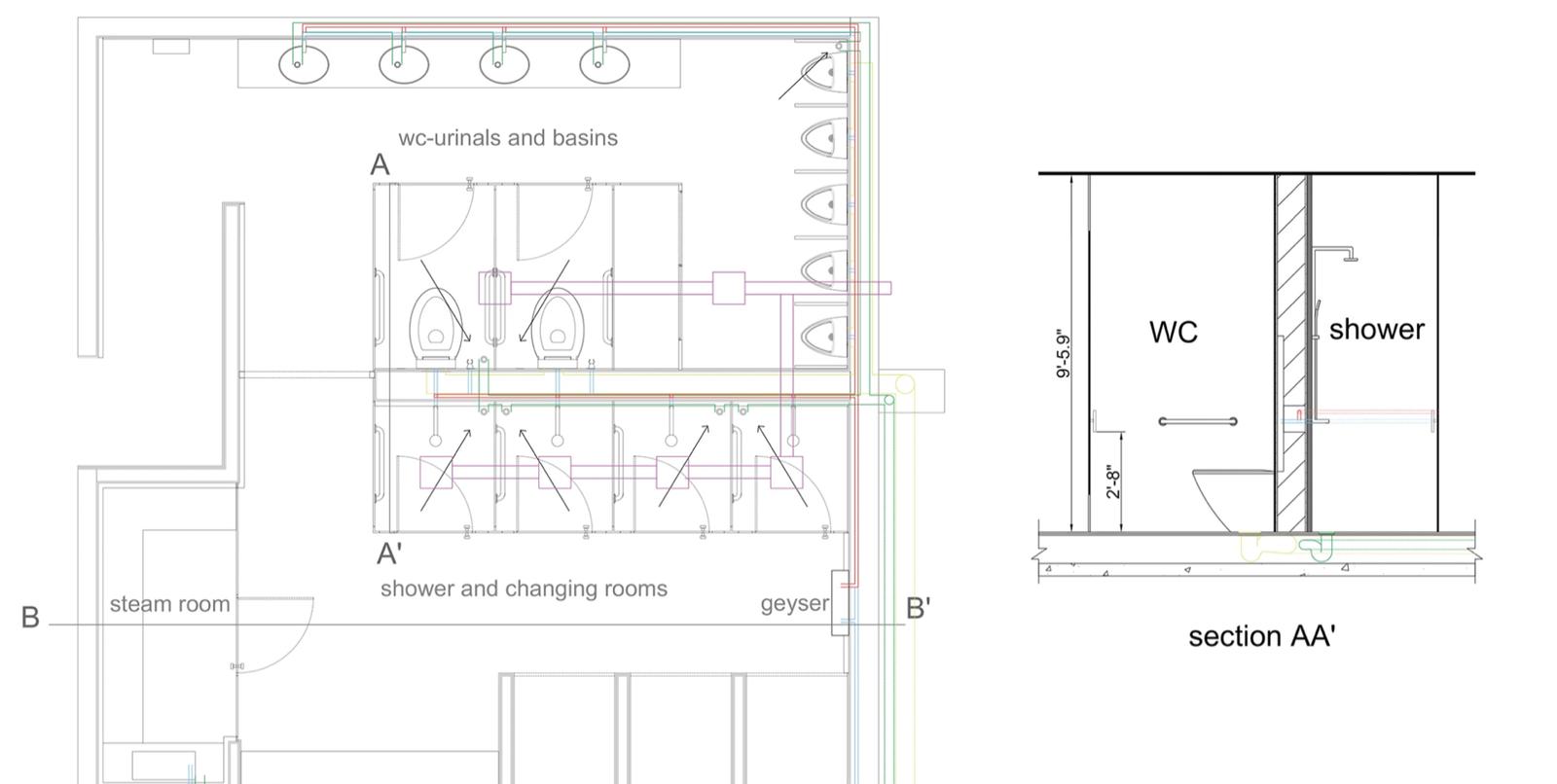 Male washroom — the plumbing section AA′ through the WC, shower, steam room and changing rooms, with the service runs drawn in.