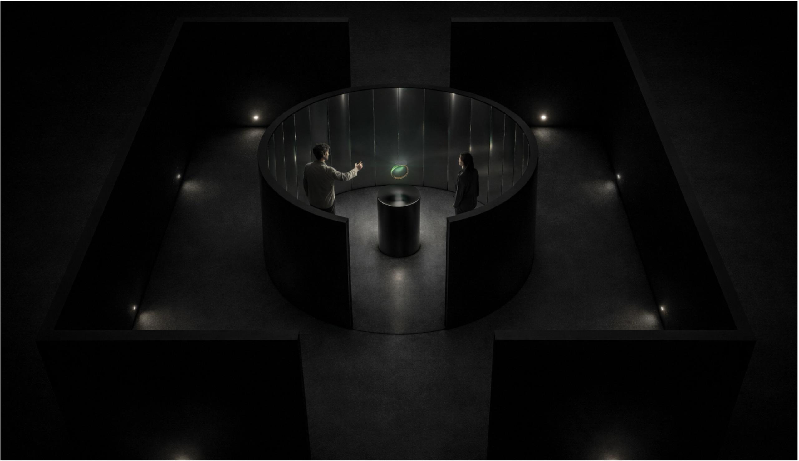 WITHOUT — overhead render of the mirrored cylindrical room set inside dark maze walls, the holographic ring glowing green at its centre.