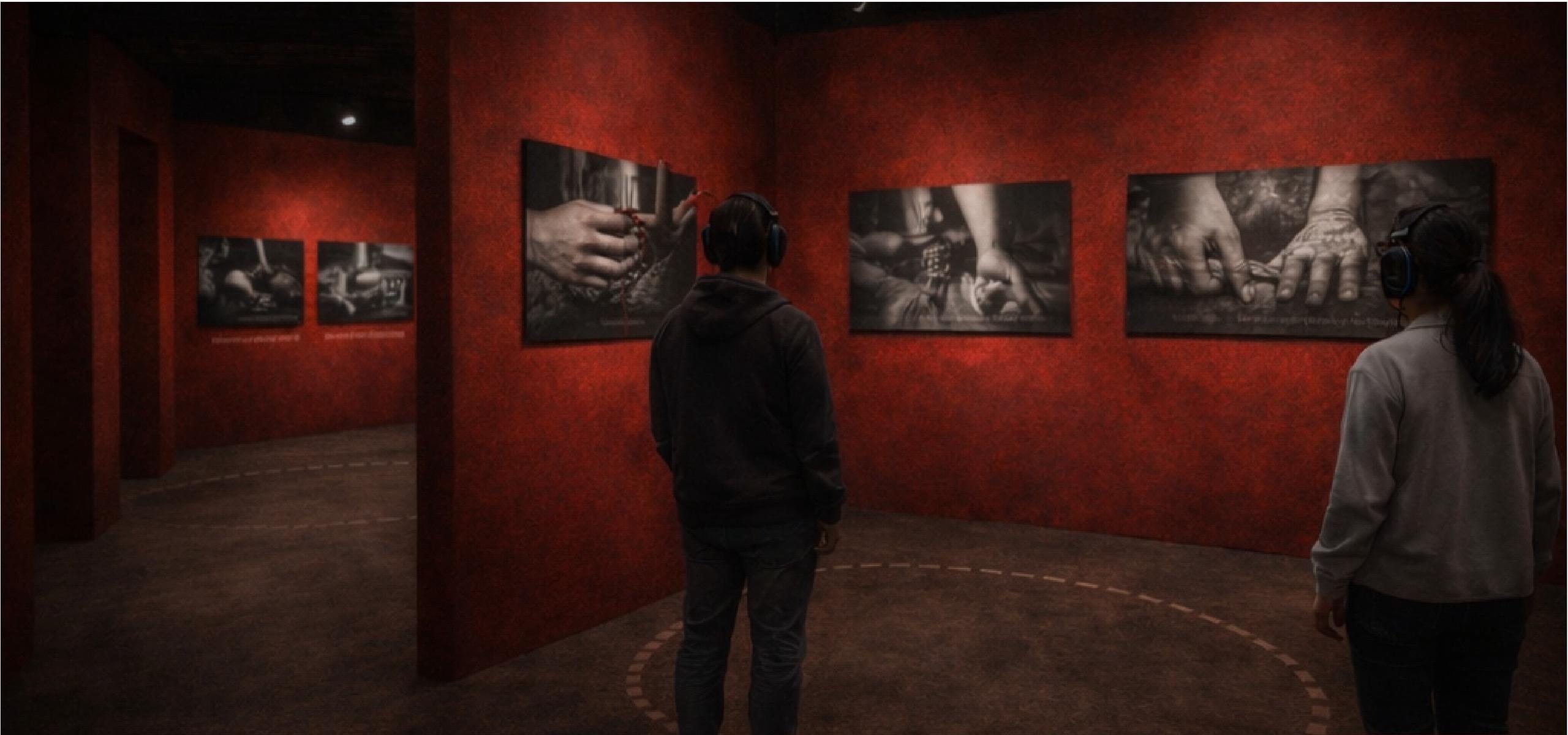 For Every Gesture Made in Private — render of The Gestures: two visitors in headphones before large-format documentary photographs on the red gallery walls.