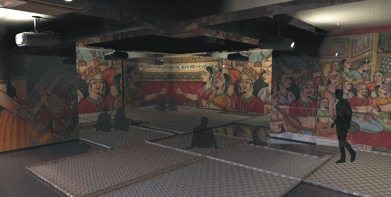Render from Journey captioned “Immersive Experience”: Indian miniature paintings projected across the walls of a dark mirrored gallery, with ceiling projectors and woven mats on the floor.