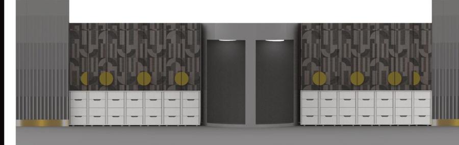Atelier Bank — elevation of the patterned storage wall and its bank of lockers.