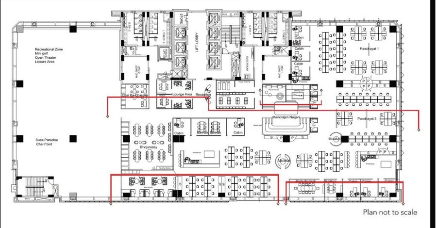 Atelier Bank — the planning-details floor plan, its zones outlined in red over the furniture layout.