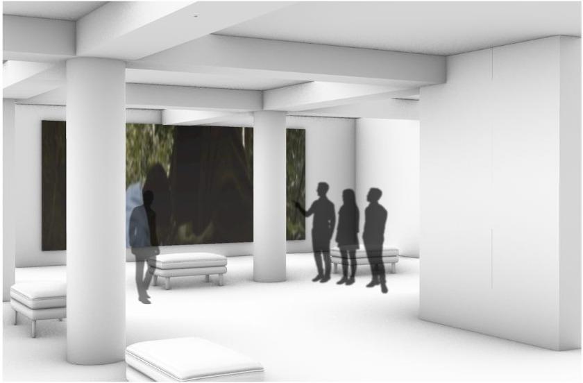 Catching the Green Ray — exhibition render: a white gallery hung with a green-toned projection as visitors pass.