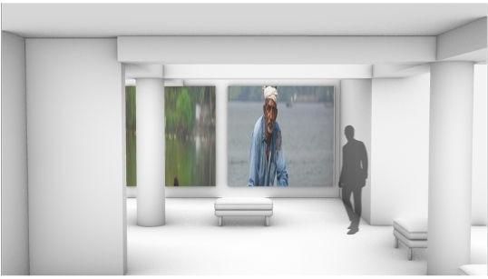 Catching the Green Ray — exhibition render: a gallery with a blue-robed figure projected large above silhouetted visitors.