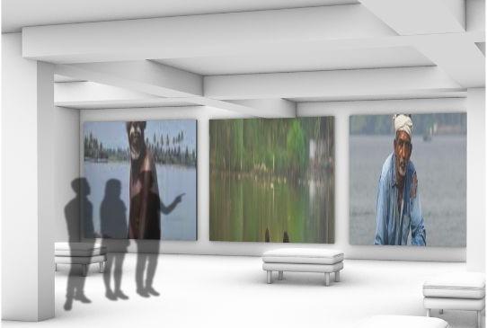 Catching the Green Ray — exhibition render: a gallery washed in green and blue projected light.