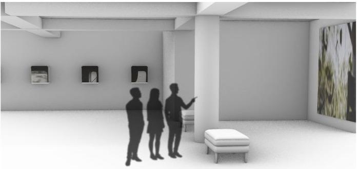 Catching the Green Ray — exhibition render: a bright gallery of framed works with visitors.