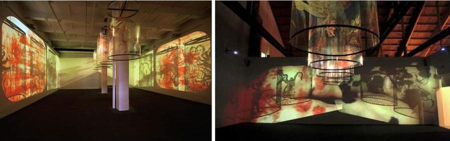 Catching the Green Ray — the Nalini Malani room, rotating cylinders casting layered projections.