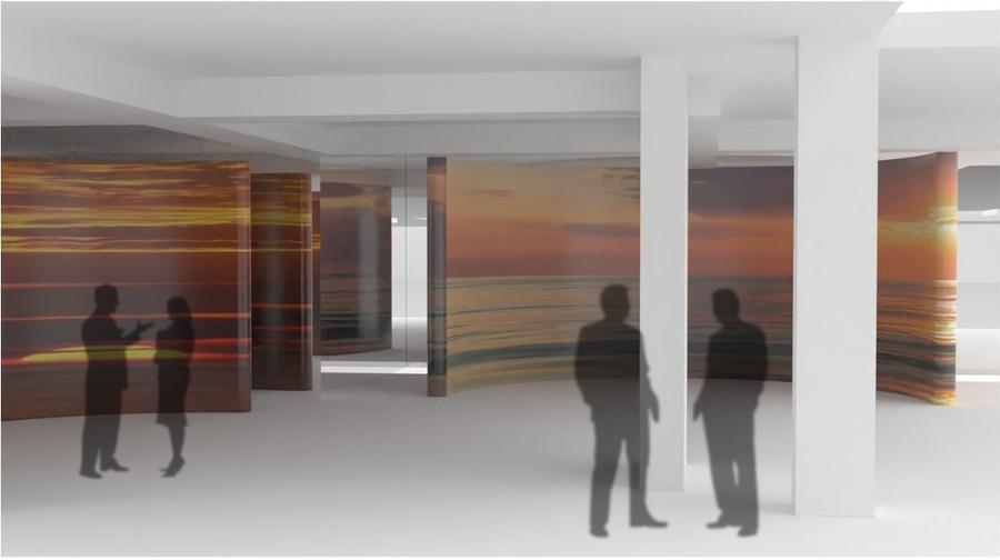 Catching the Green Ray — exhibition render: a mirrored room with warm projected light along the walls.