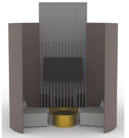 Atelier Bank — a sectioned render of a collaboration pod, showing its layered enclosure.