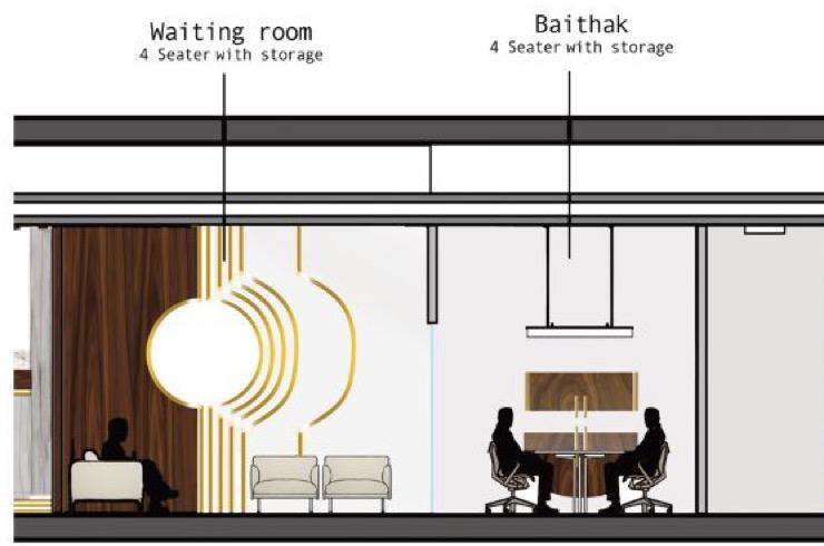 Sectional render of Atelier Bank’s waiting room and Baithak meeting room, with a brass-ringed walnut feature wall.