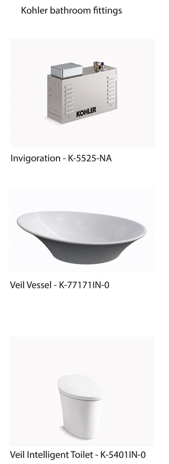 Male washroom — the Kohler fixture schedule: the Invigoration steam generator, the Veil vessel basin, and the Veil intelligent toilet, each with its product code.