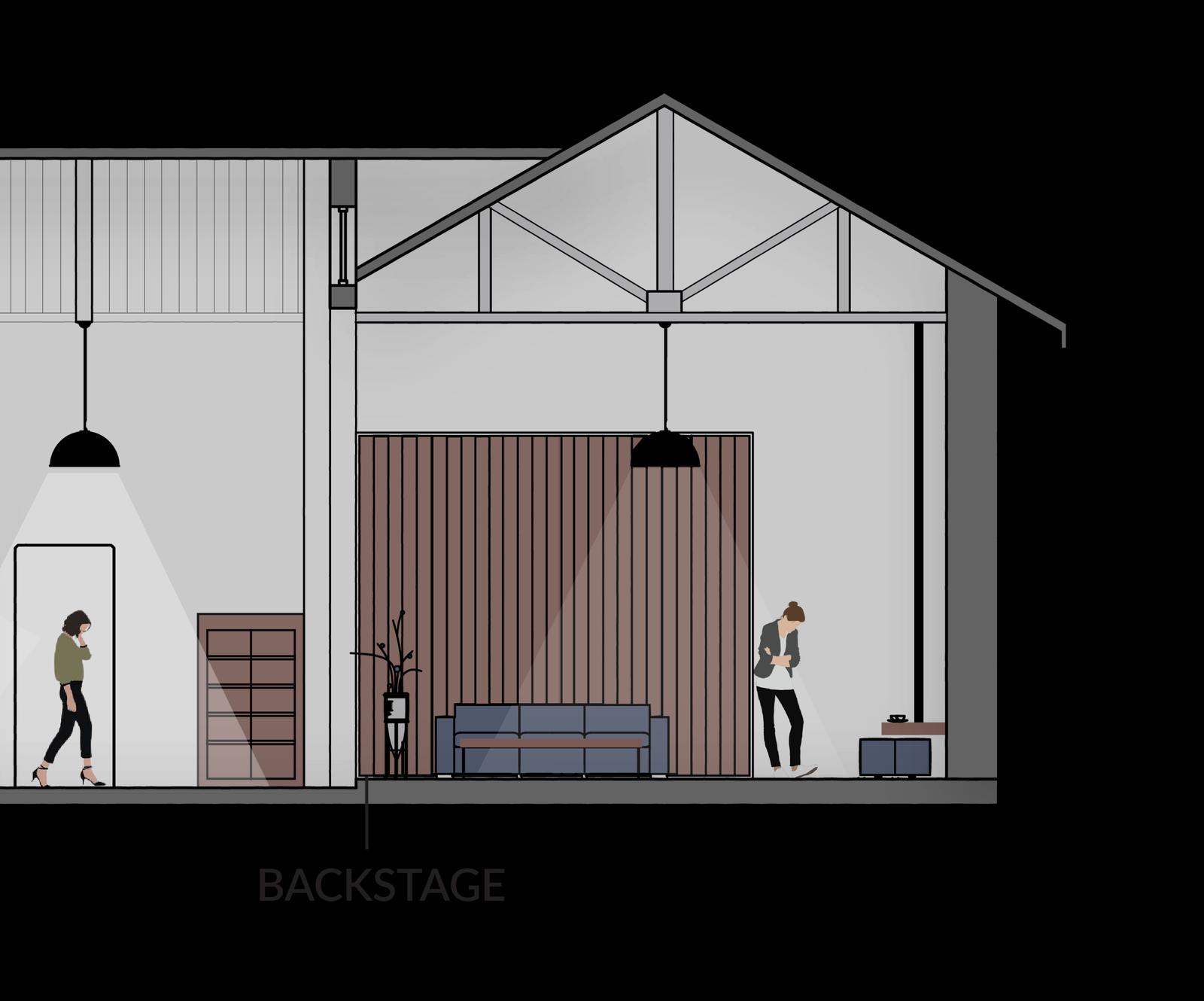 Detail of Section CC′ of Sej & Rhythm: the double-height Backstage zone with a wood-slat feature wall, sofa and pendant lights beneath the exposed roof truss.