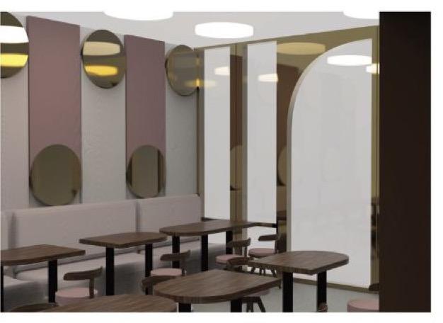Perspective render of a cafe-style lounge at Atelier Bank, with mauve panels, bronze mirror discs and arched openings.