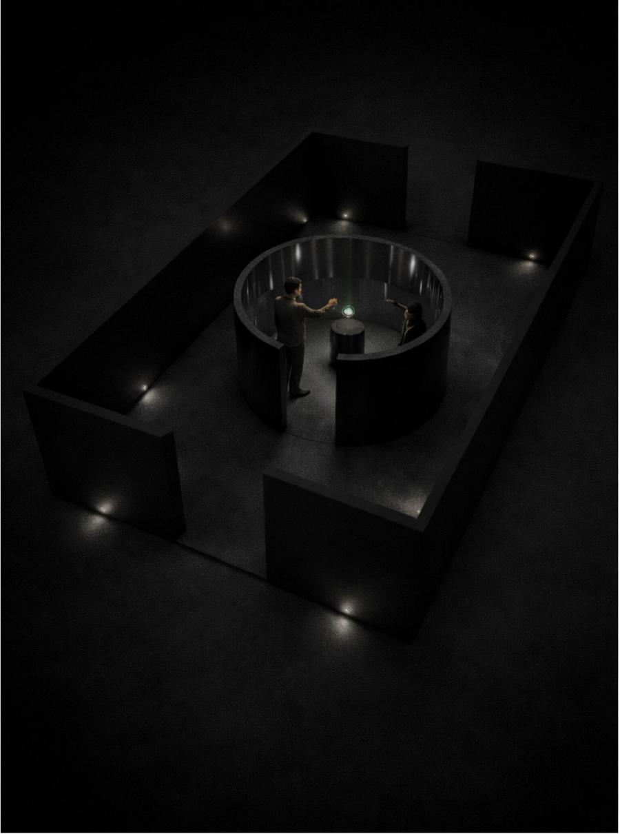 WITHOUT — angled overhead render: the mirrored cylinder and its central plinth, lit only by the ring, within the dark maze walls.