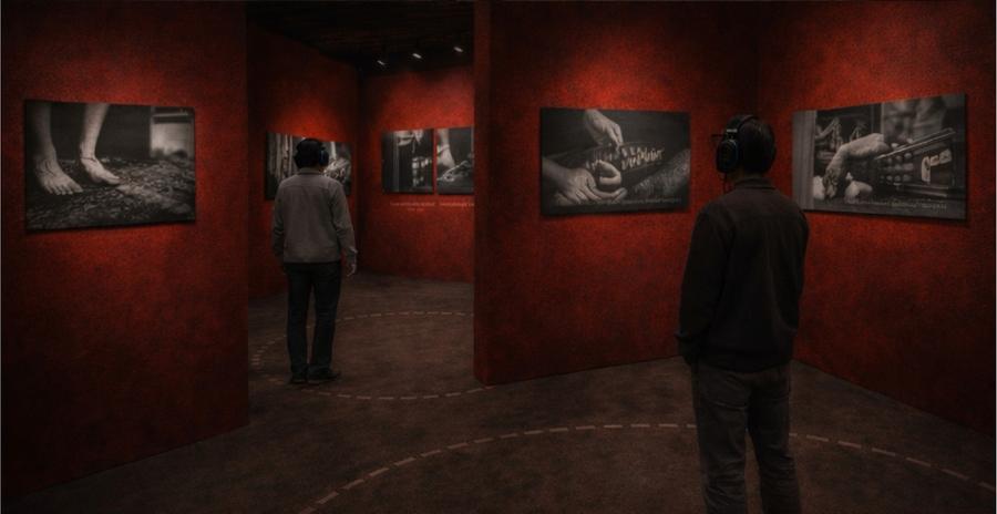 The Gestures — render deeper into the red gallery: the circulation curve marked on the floor, photographs on both walls, visitors in headphones.