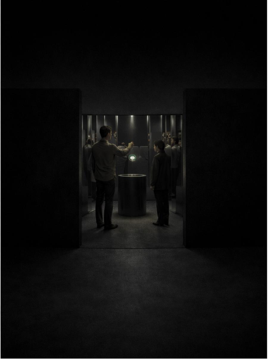 WITHOUT — eye-level render through the entry arch: two visitors at the cylinder, one reaching toward the holographic ring.