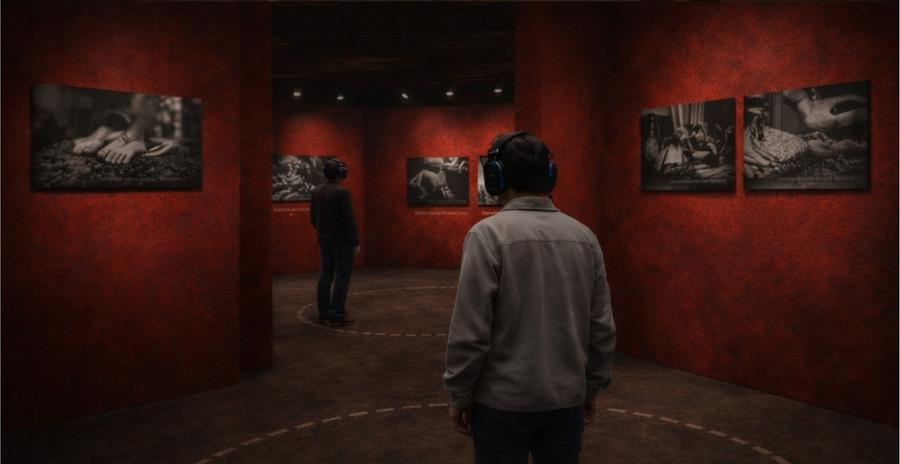 The Gestures — render at the far end of the gallery, a visitor centred with their back to us before a row of photographs.