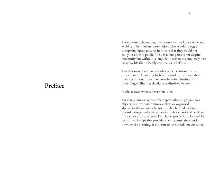 The dictionary’s preface spread, ending on the line “It asks instead what superstition is for.”