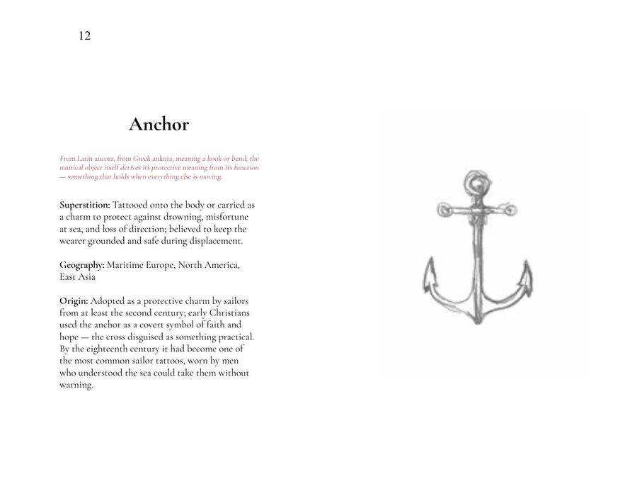 Entry spread for “Anchor”, with its etymology set in red italic and a line drawing of an anchor facing it.