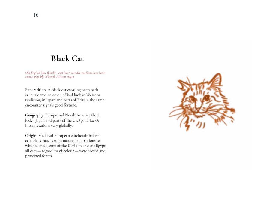 Entry spread for “Black Cat”, with a line drawing of a cat in warm ochre facing the entry.